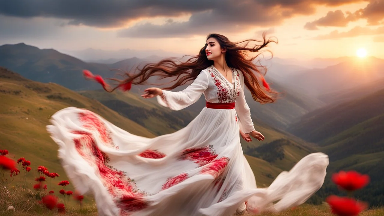 Hyper Realistic Photographic View Of A Beautiful Young Pashto Woman With Beautiful Eyes Lips & Nose (Wearing Beautiful White Frock With Red Flower Patterns On It Her Beautiful Long Hair Whirling In Air) Happily Whirling On Mountain-Top With A Valley Down, At Cloudy Sunset Showing Dramatic & Cinematic Ambiance.