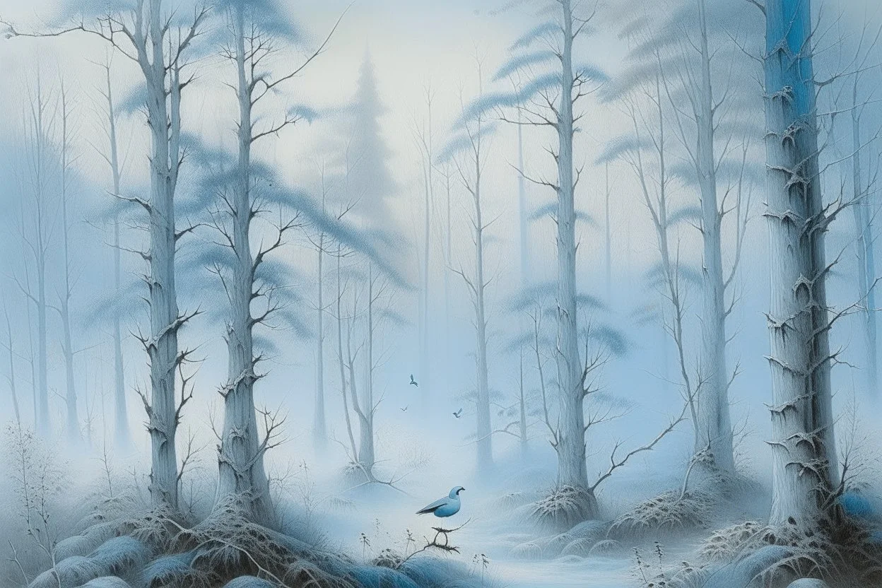 A light palish blue foggy forest with birds painted by Peter Carl Faberge