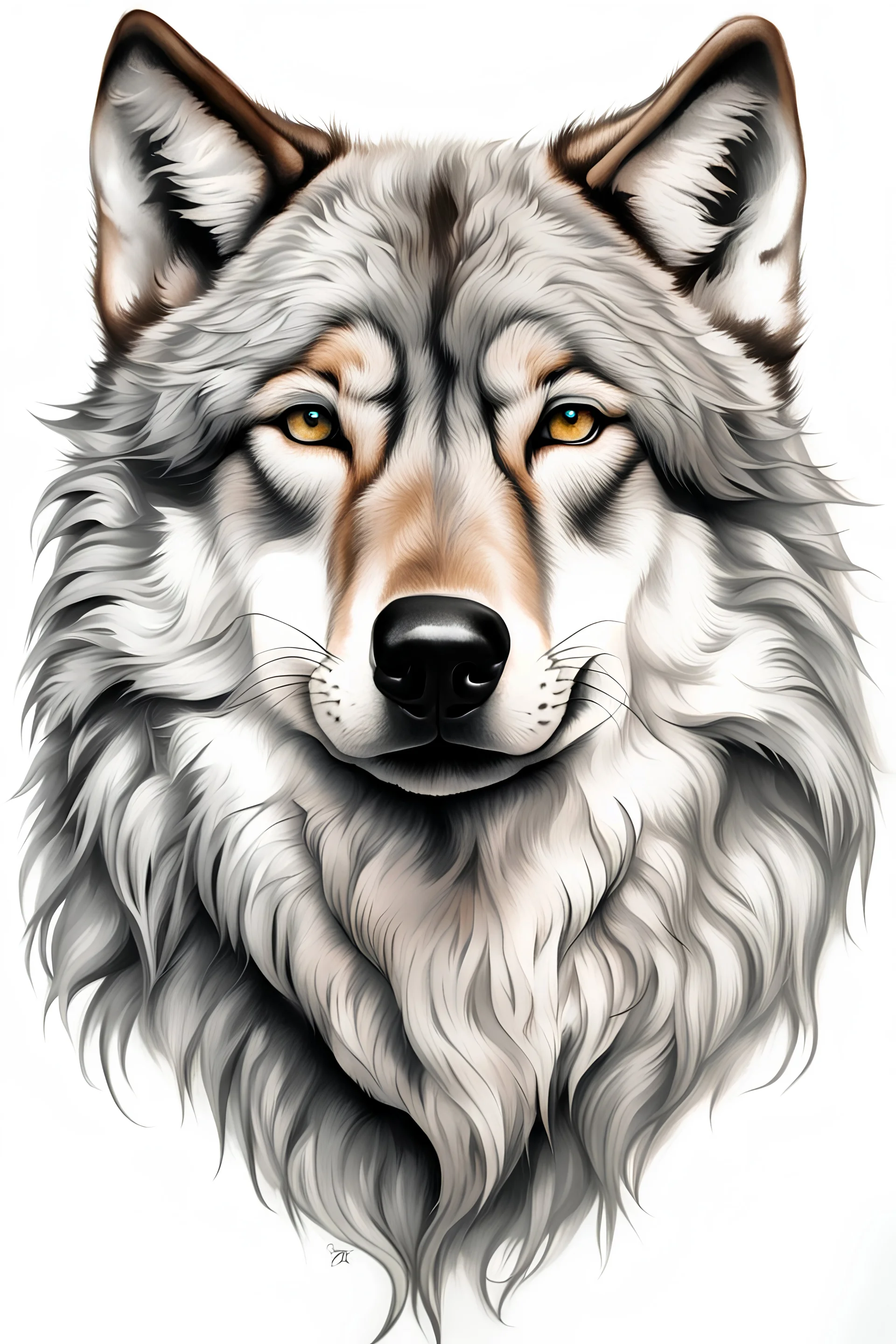 realistic wolf face, white background tattoo