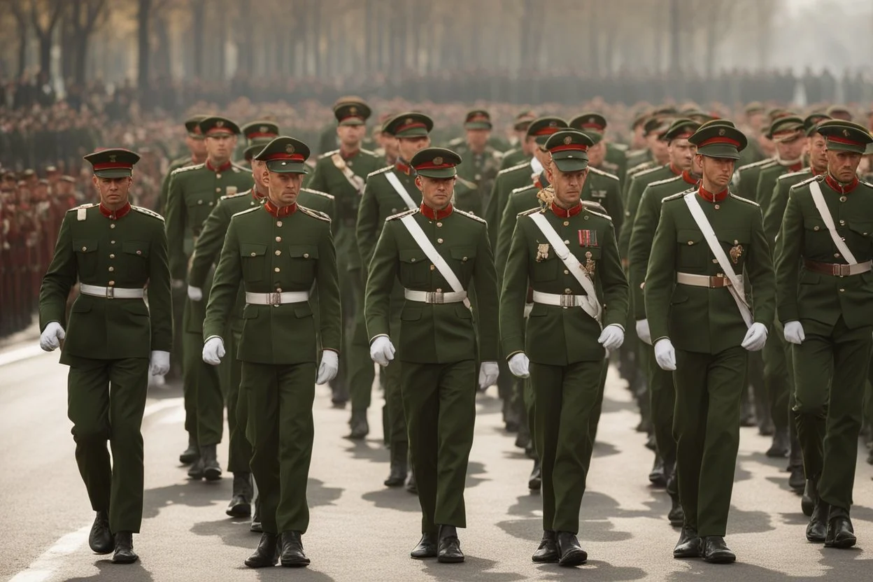 caucasian soldiers; marching in formation; military parade; tight formation; shoulder to shoulder; marching along a street; green uniforms; medals and insignia; weapons in hands;