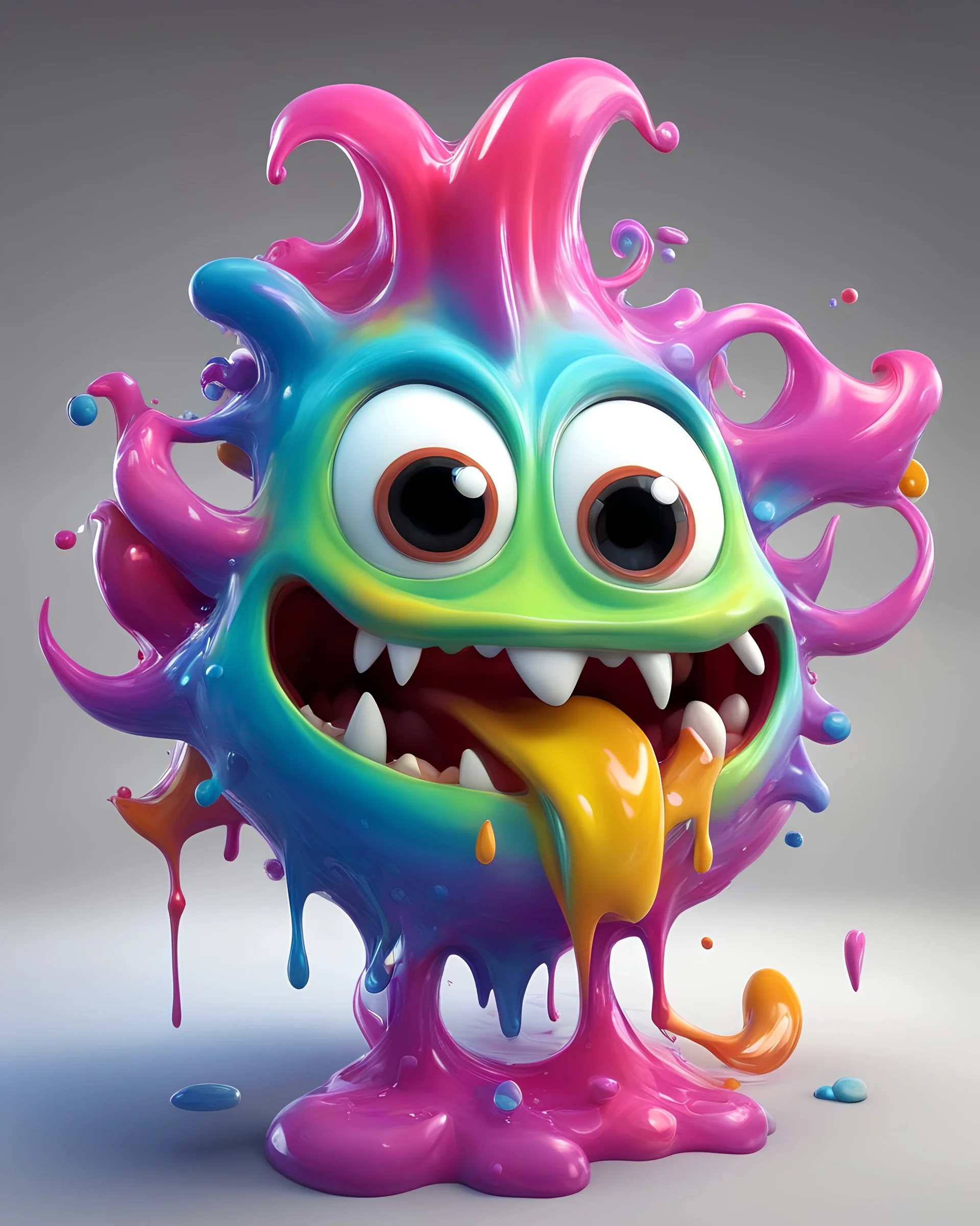 3D Pixar style animation, cute, melting monster character, (pixarstyle:1.3) whimsy character, fluid form, bonkers; jelly-like structure, amorphous, shape shifter, quirky character, playful colour spill, fun time, joyous art depicted in the style of (Buff Monster and Peter Bagge), photorealistic CGI art, vivid colour, covered in thick gooey fun vibrant colours, 3D graffiti art, thick and glossy, topped with lots of rainbow sprinkles, Maya modelling, Arnold rendering engine, sharp detail,