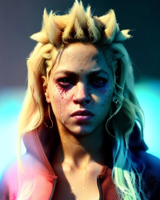 portrait, Shakira, blonde artist, angry, Realistic image, MMA robe, hoodie, mouthguard, nose, band aid, loose long hair, eyes make up, perfect, glow, circle iris. Rain, fog, Neon colors, leds. Dark background, photo studio, neon lights. concept art, smooth, unreal engine 5, god lights, ray tracing, RTX, lumen lighting, ultra detail, volumetric lighting, 3d, finely drawn, high definition, 4k.