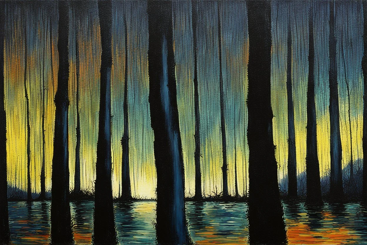 Trees, night, one person, 2000's sci-fi movies influence, ludwig dettman and willem maris impressionism painting