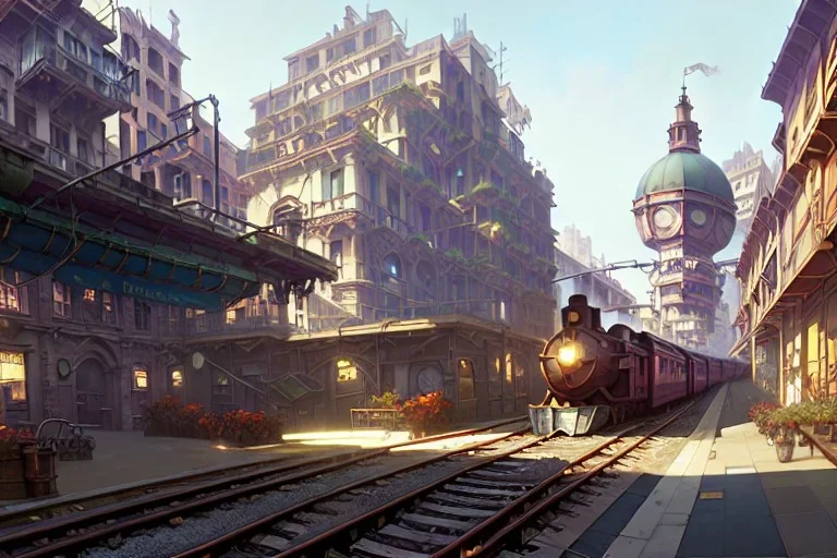 Train over corner building+train+corner building +A greengrocer in colorful genoa street+Italian medieval town +Italian city sea+alphonse mucha, greg rutkowski,matte painting, cryengine, hyper detailed, felix kelly, fantasy art, seb mckinnon