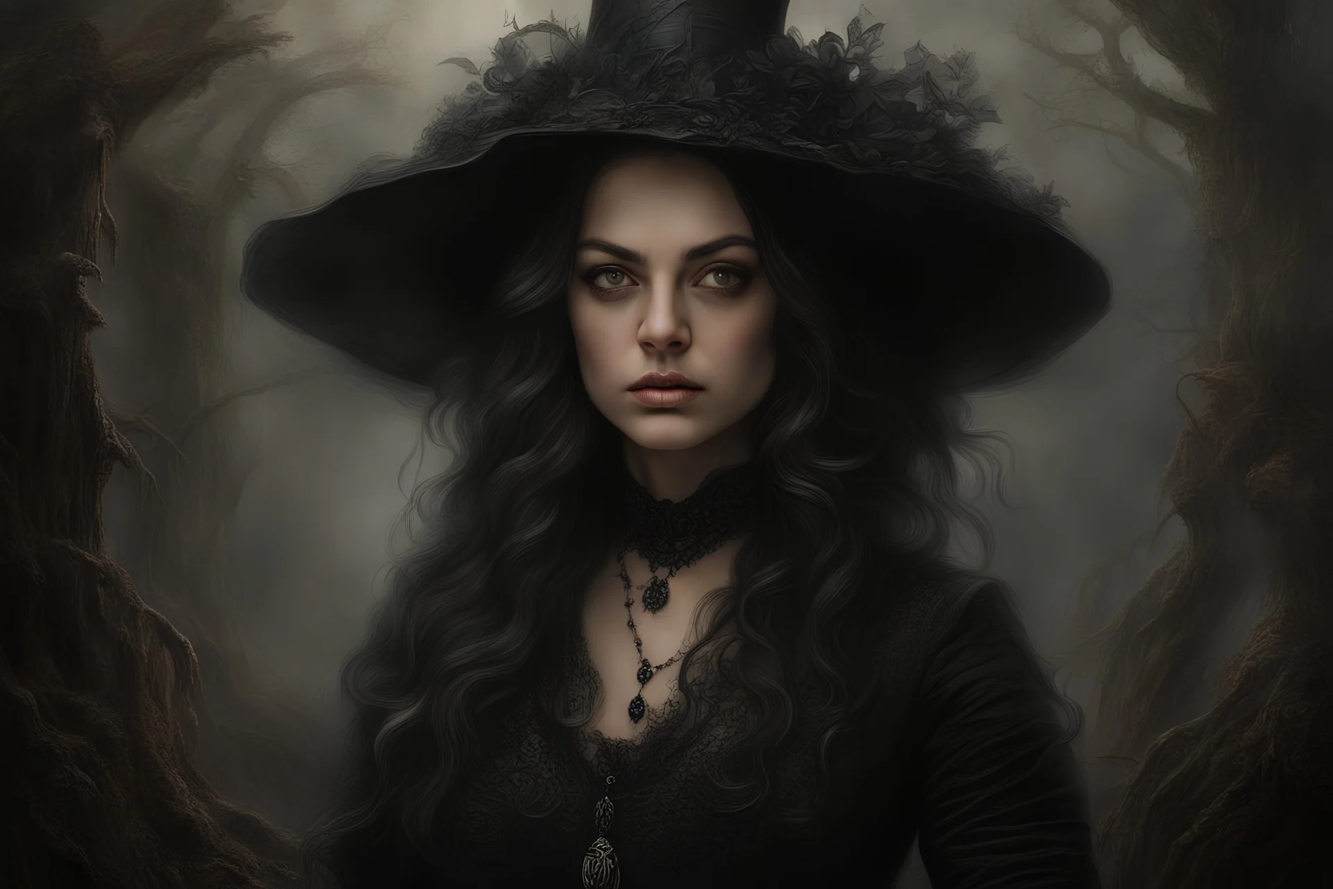 Mila Kunis, beautiful and highly detailed face, meticulously detailed dark hair, strange witch; ethereal fantasy hyperdetailed mist, maximalist matte painting, polished, realistic oil painting; Victorian era portrait painting, old fashioned, vintage, antique, beautiful, bleak environment, gothic, spooky, eldritch, 16k