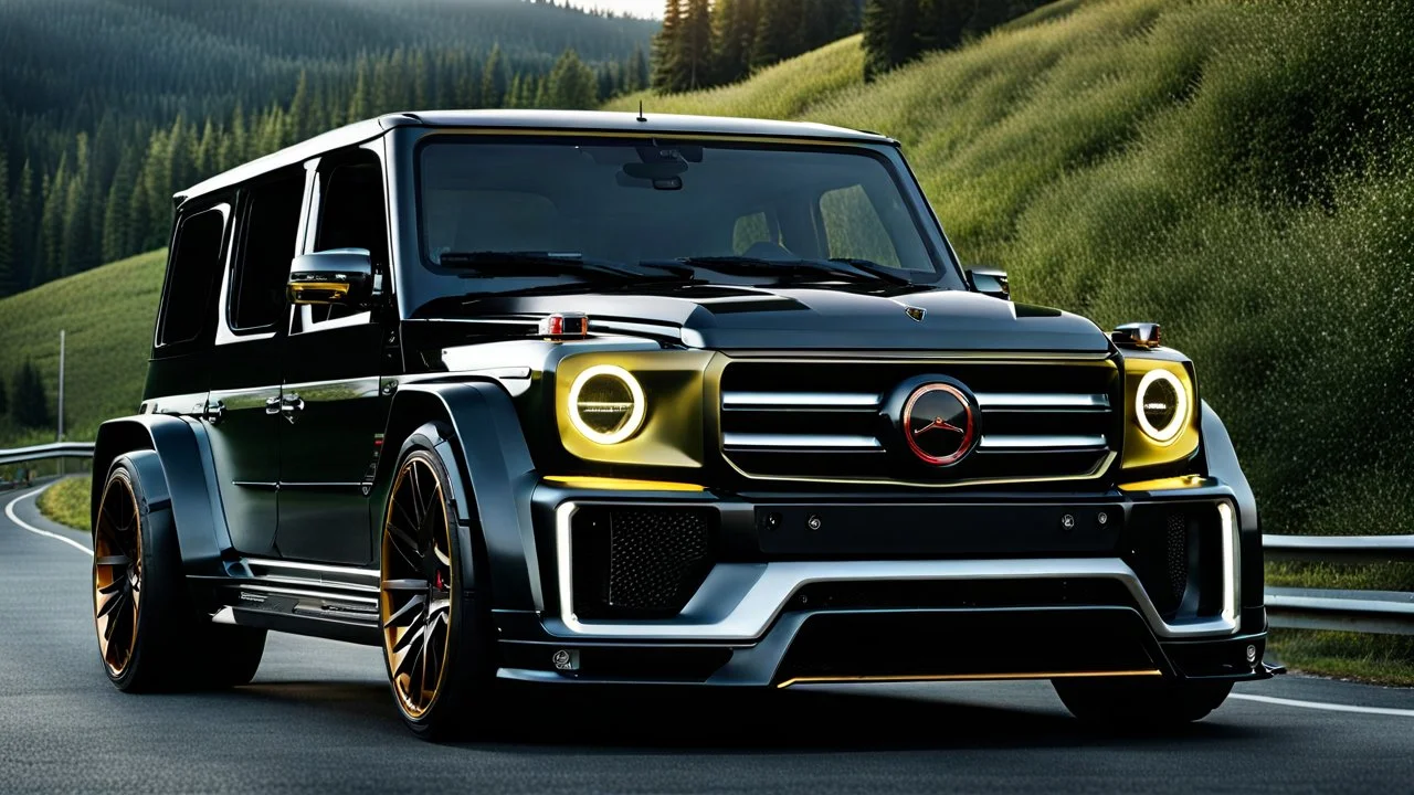 A (((G-Wagon mustang))) featuring a luxurious interior, advanced technologies, and a sleek body kit designed by MANSORY, front cinematic view on road in morning, ((((desktop wallpaper))))