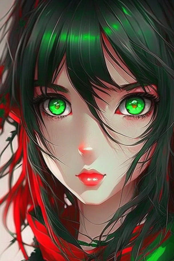 beautiful anime girl, red, nice, black, green eyes