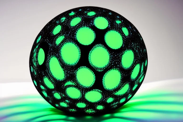 beautiful composition, black spheres with holes, woven of thin black wire, the entire surface of the sphere is filled with symmetrically arranged round holes, from the inside of the sphere a bioluminescent blue-green (sometimes blue, sometimes green) light is emitted, projecting coloured round spots onto the whole background and the whole horizontal base where the sphere is placed. S<AI