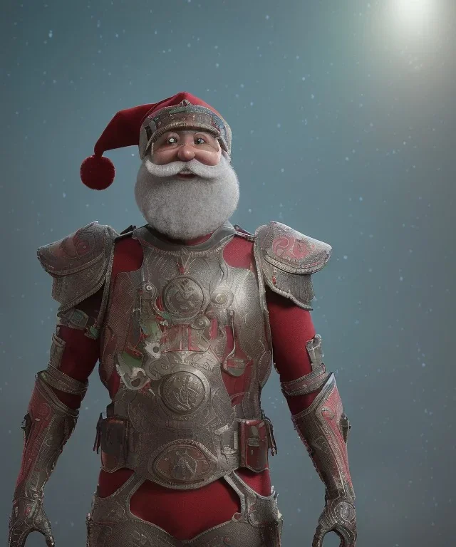 wide angle shot of the santa claus, red and green armor with emissive energy flowing in the chest, mystical geometric patterned textures, intricate, highly detailed