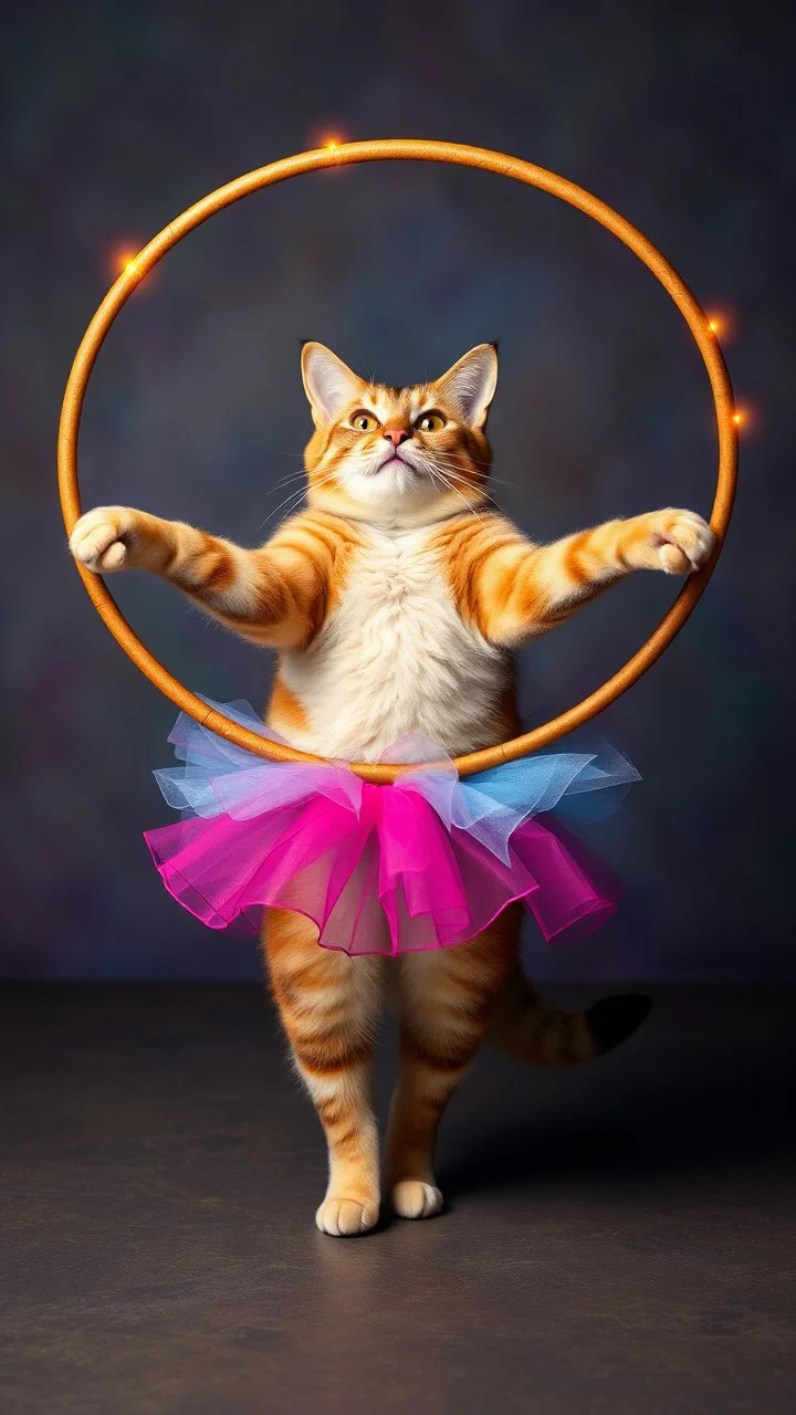 A cat dressed like ballerina playing the large Hula Hoop around her belly happy and smiling