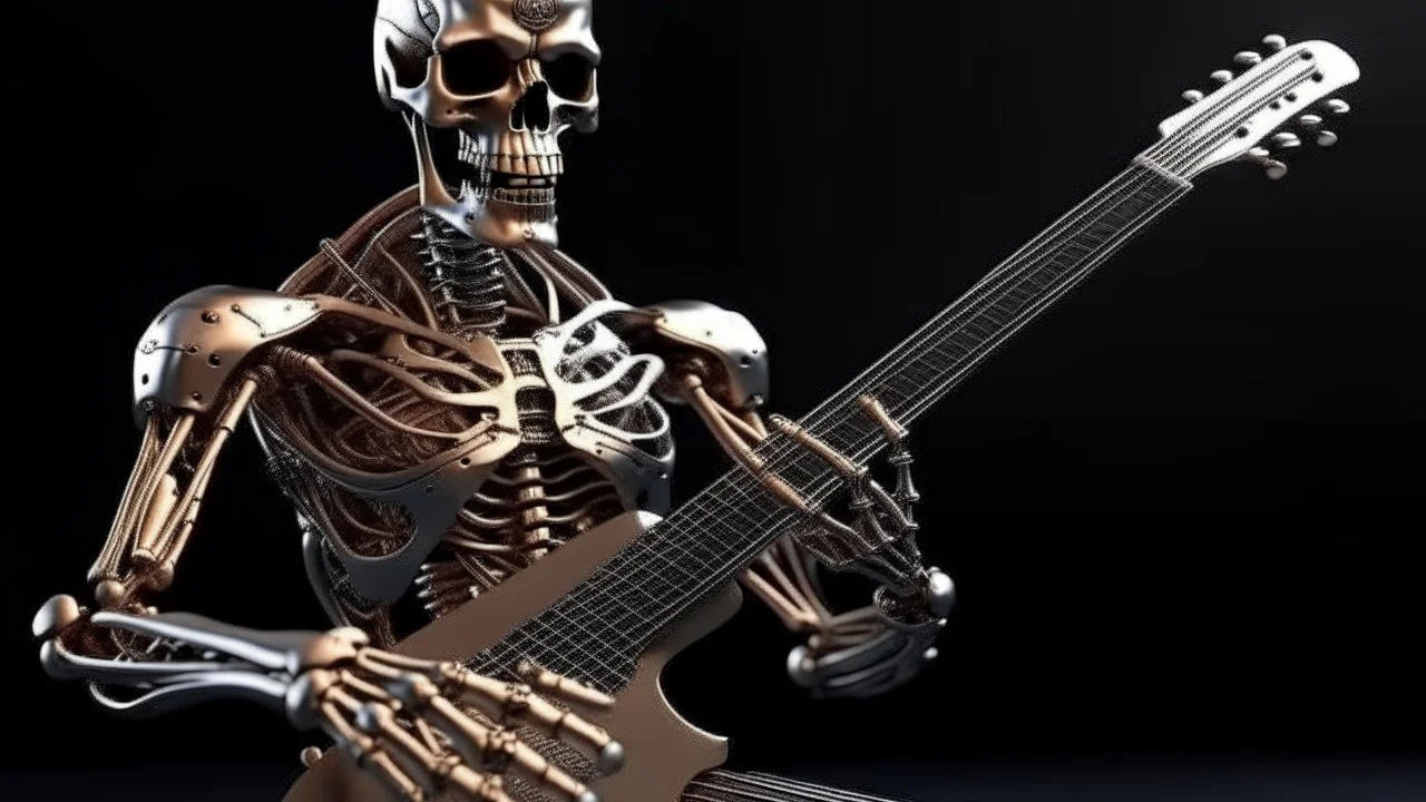 4k full detail realistic terminator sans peau jouant guitare electrique. Flammes en fond, luminosité maximale