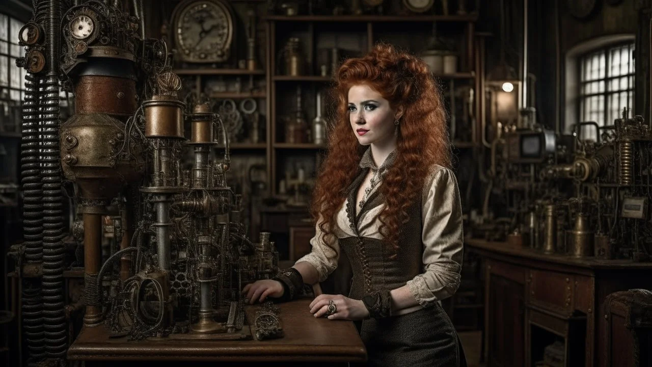 pale-faced woman with auburn wavy shoulder-length hair, with detailed steampunk metal arms and legs, dressed like a Victorian, in a laboratory full of small machines