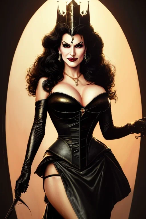 painting of lisa ann as evil queen in black leather gown, feminie, angry, stern look on her face, volouptous, busty, cleavage, emperious, mature, highly detailed, digital painting, artstation, concept art, smooth, sharp focus, illustration, art by gaston bussiere and alphonse mucha