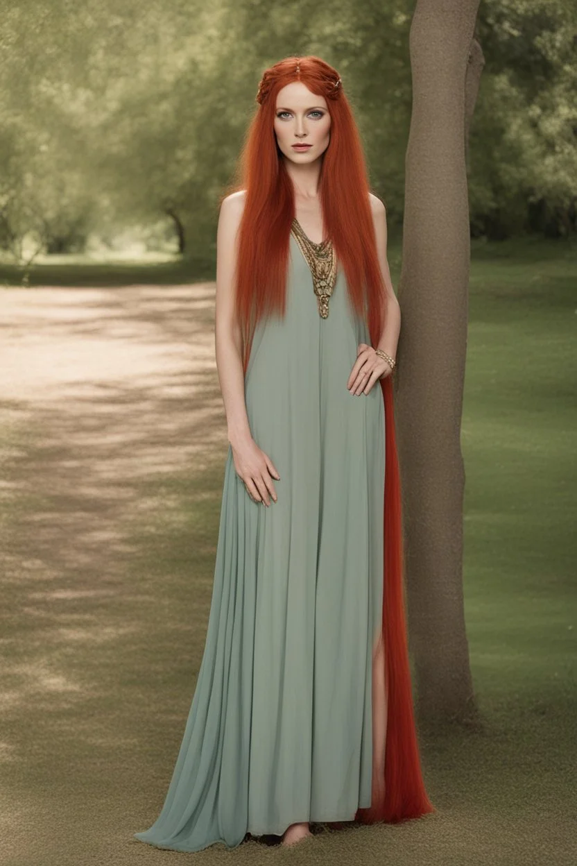 full body and headshot of a skinny Cleopatra, with long straight red hair, in a floaty dress, standing on a village green