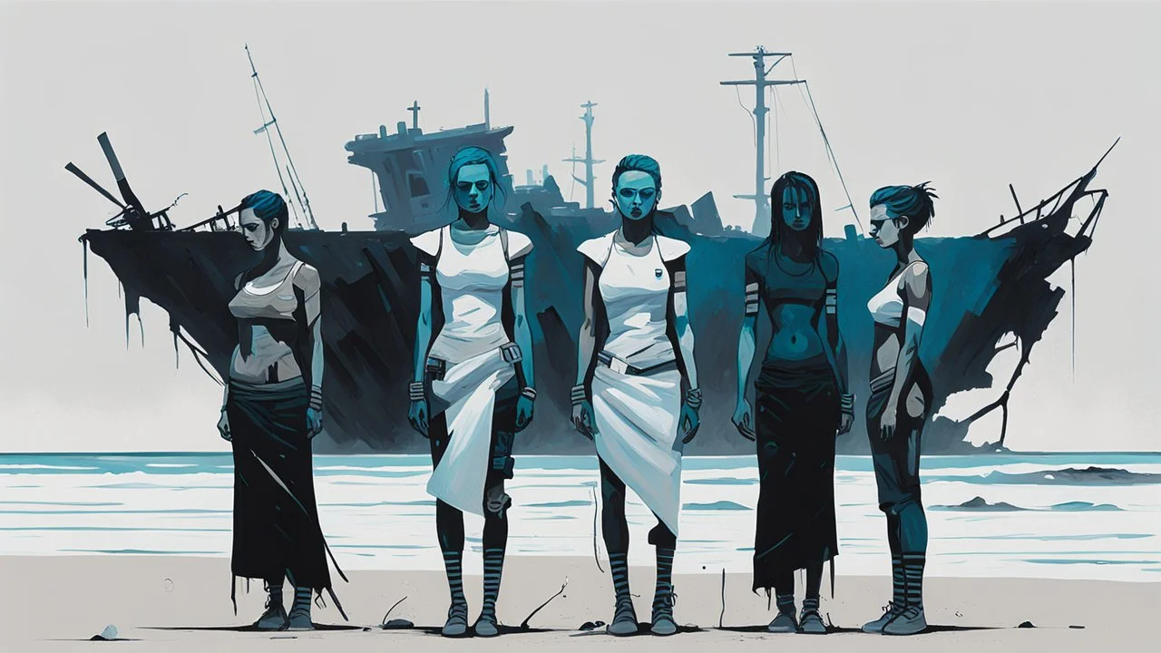 ((three)) determined cyberpunk women (wearing white khiton) standing in front of a boat wreck on a radioactive beach, acrylic painting, minimal art, centered, wild sparse brushstrokes, amazing verticals, great parallels, low bleak colors of gray, blue and black, excellent negative space contrasts