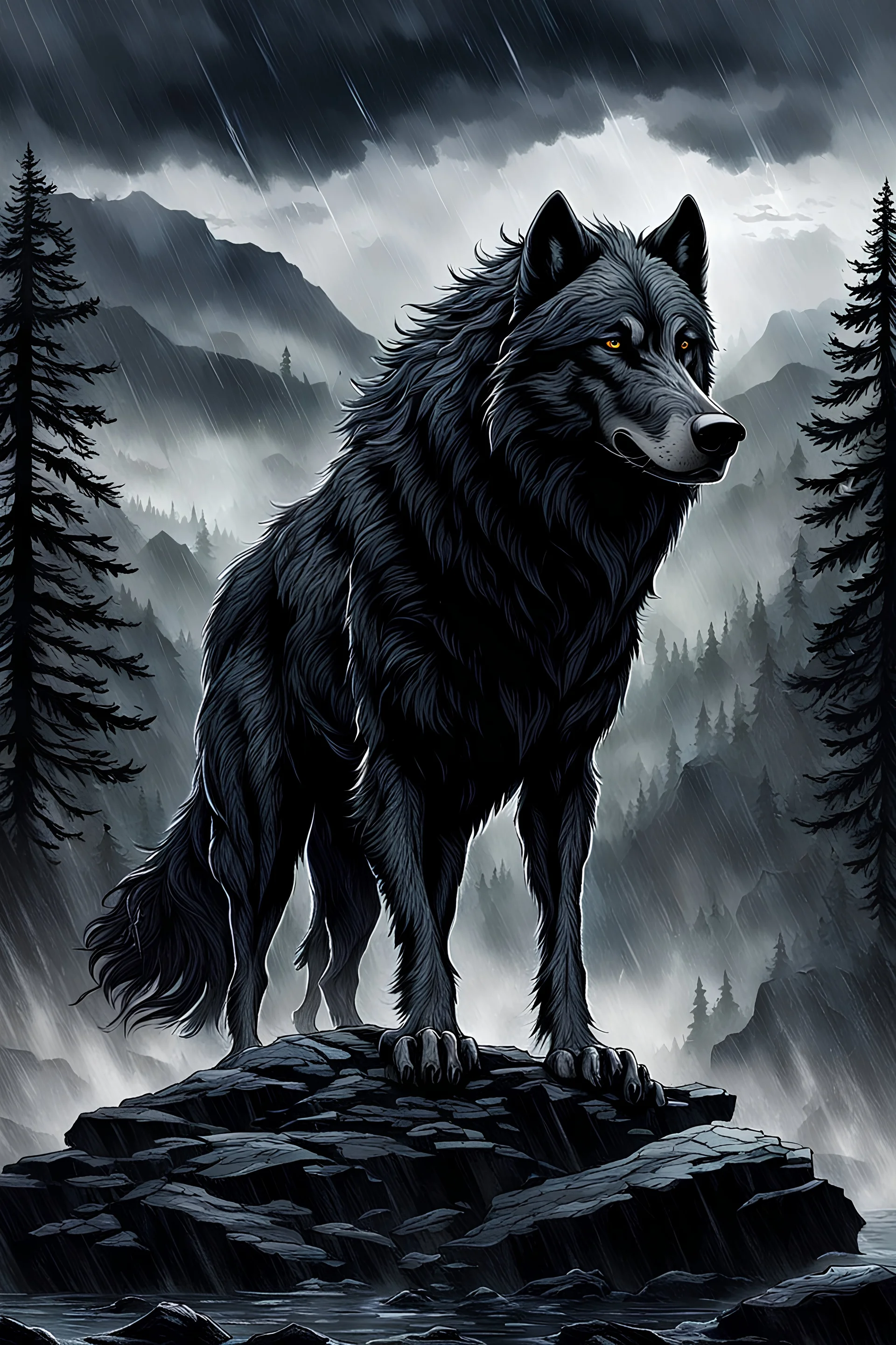 a big dark wolf in storm and rain stands on the big grey-black rock, a kingdom and forest siluette in the background