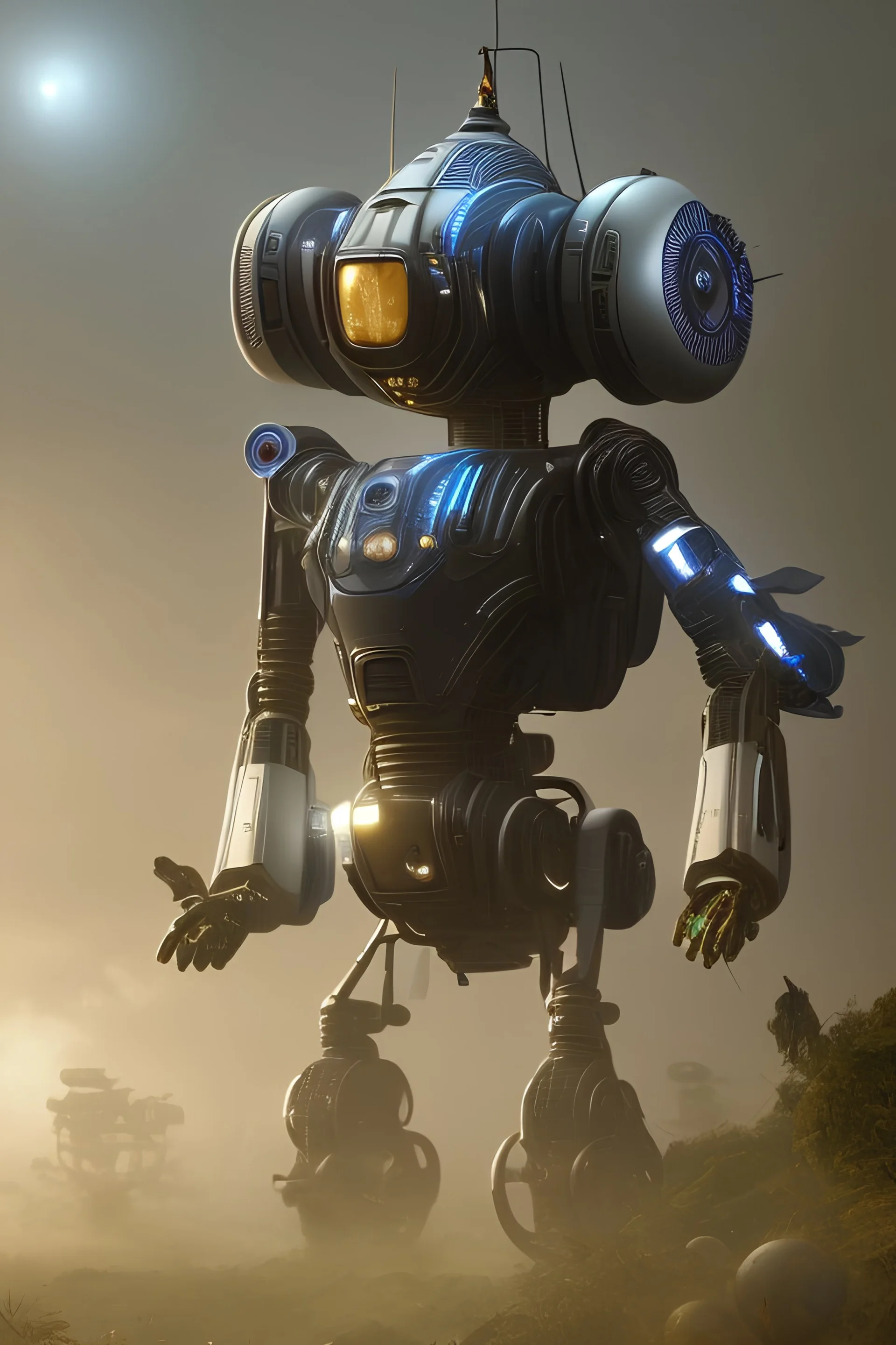 robot from an alien planet, full frame, 3D, steampunk, meha, digital painting, three-dimensional cinematic lighting, delicate and precise details, high-quality textures, natural background