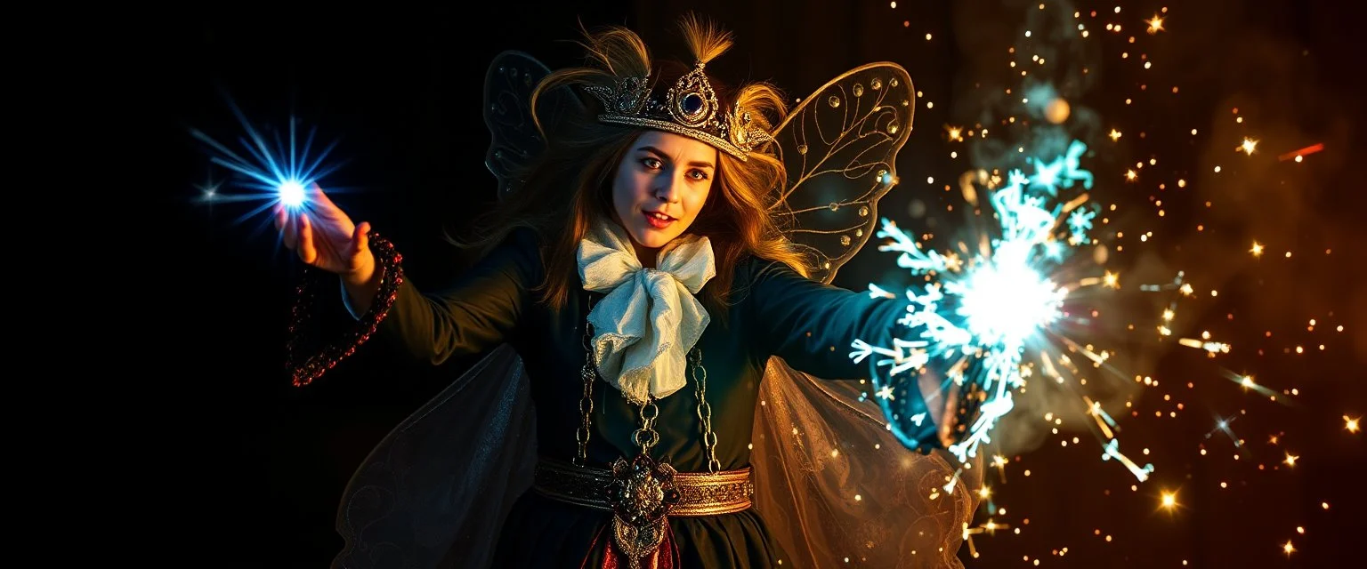 rock star fairy magician throwing a wild magic spell that performs