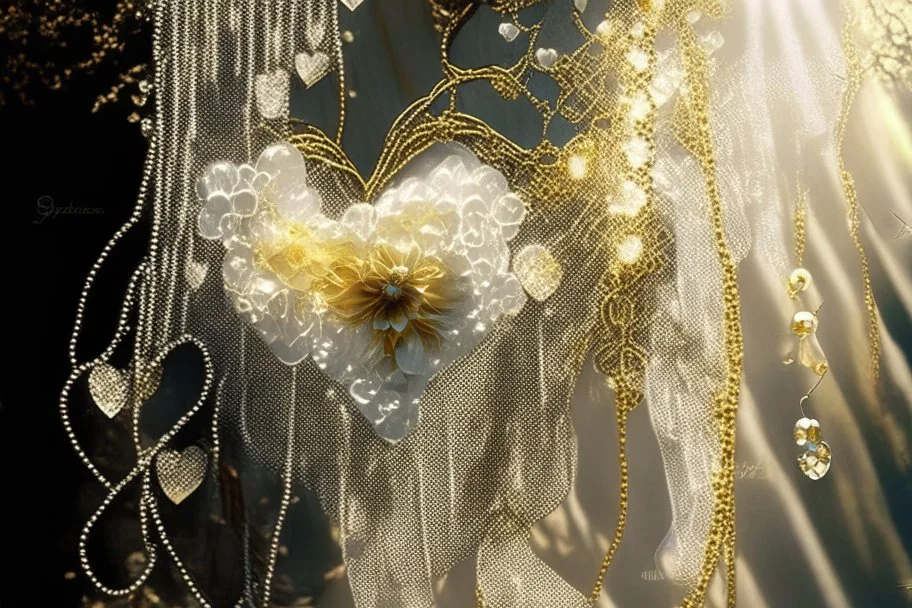 double exposure, garter flowers strung on wire with pearls and gems, heart and love, double exposure, merged layers, silver and gold tin foil, waterfall, in sunshine on a lace blanket