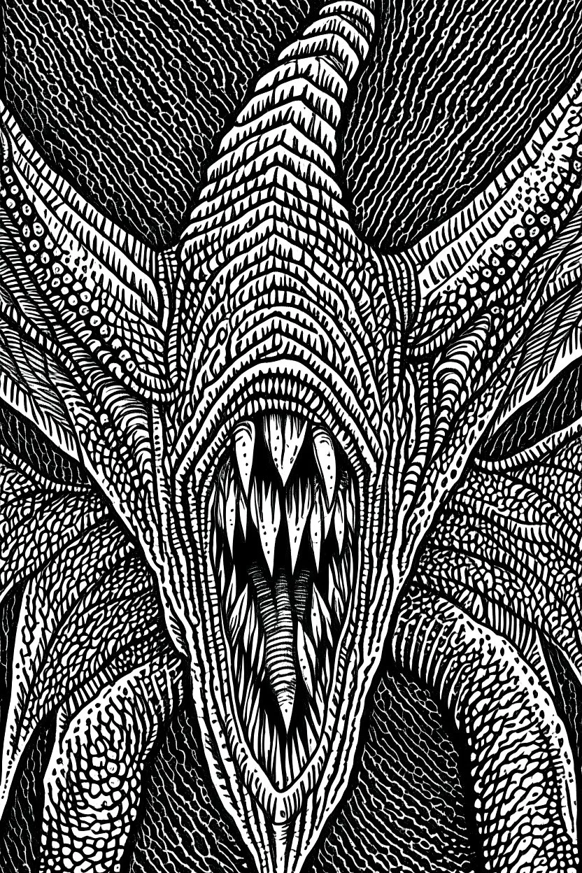 Moth / shark hybrid demon in the style of Berserk manga. B/w.
