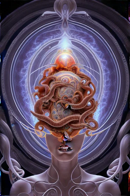 Spiritual being with Tentacles over human Head creating reality around, wrapping Spiral around Human, Psychedelic