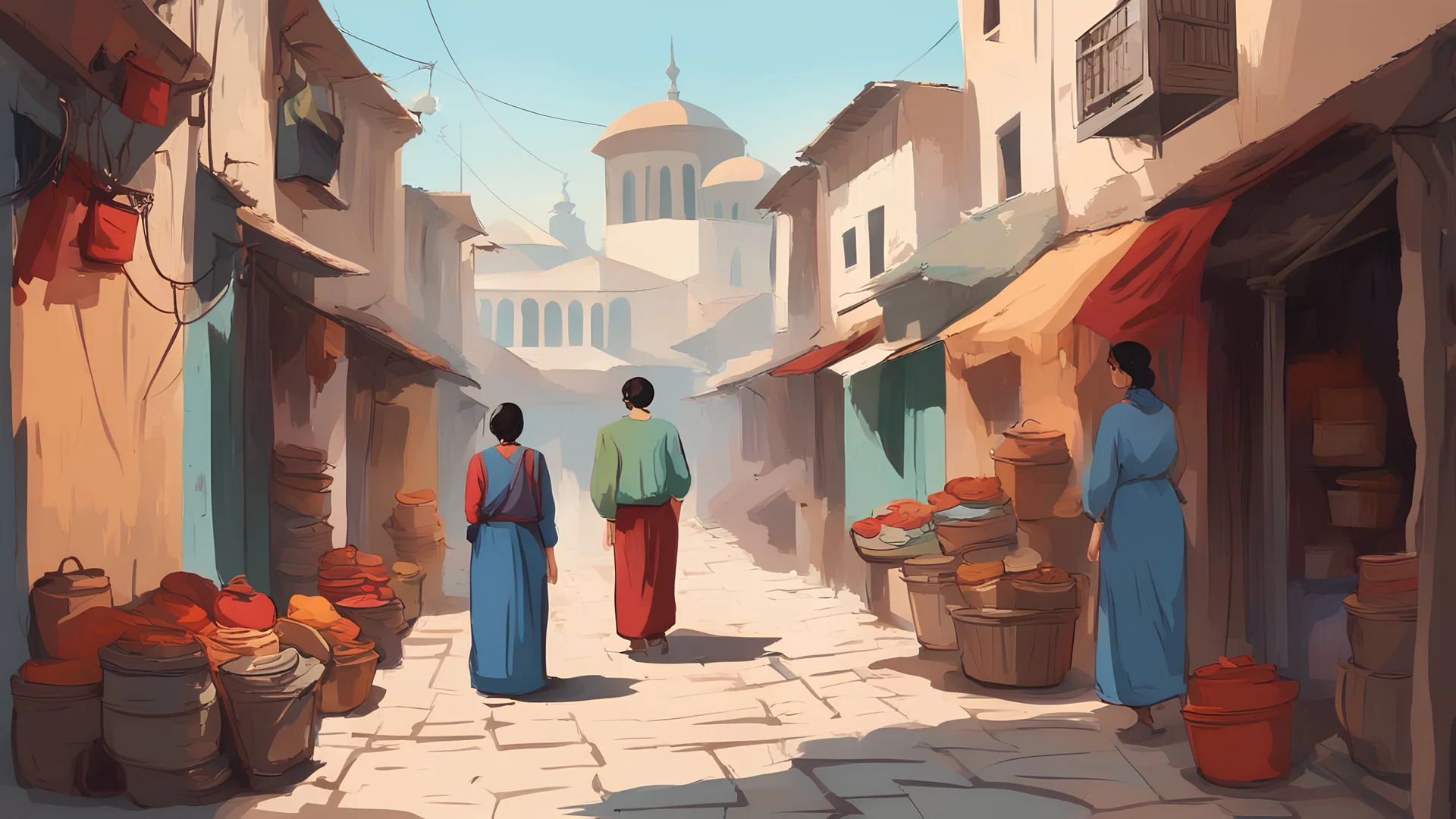 Vector. Kurdistan's. Alley and bazaar of Istanbul. Minimal. Colored clothes. Woman's , children's. 2D animated. agriculture Work on the farm. 1800 AD. Digital painting, Old