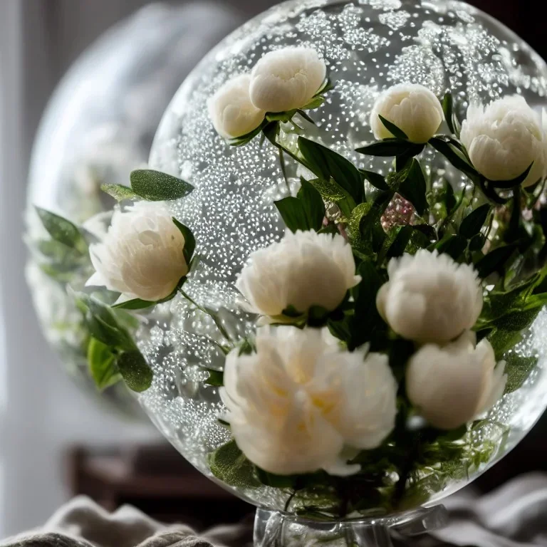 Cinematic shot of peonies inside a crystal lattice globe, glass, crystal, linen, dewdrops, warm lighting, luxurious, terrarium