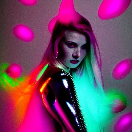 A 1990s or early 2000s magazine party photoshoot. Neon blob, metallic spikes, ethereal. Extremely detailed, HD photography, high quality, stylized, dramatic, high contrast, high exposure.