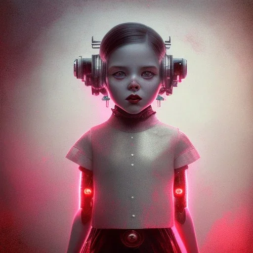 a little girl with a cyborg brain and a lot of red liquid, steam punk, scary, horror, realistic, made in octane, cinematic, ultra-realistic, extremely detailed octane rendering, 8K, VRAY Super Real ar 2:3, dof photorealistic futuristic 50mm lens hard lighting dark gray tintype photograph, realistic lighting, sephia colors