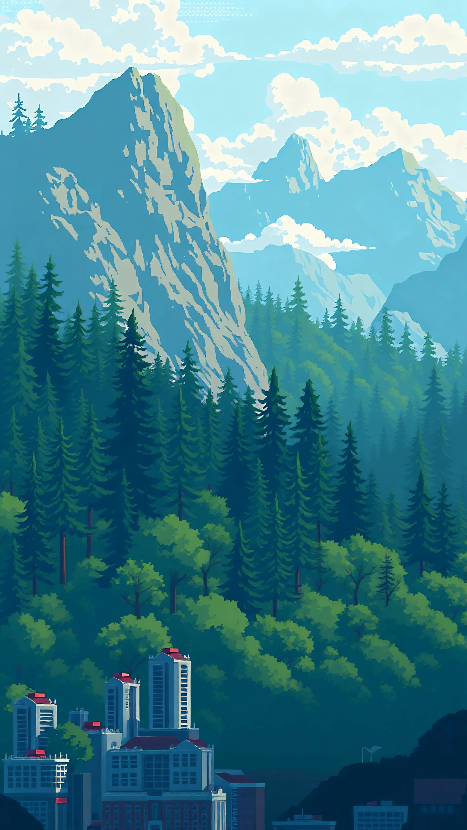 A parallax pixel art background for a vertical 2D platformer game with a forest in the background, light colors, clouds on a different layer, city in the foreground at the bottom 1920px 3413px