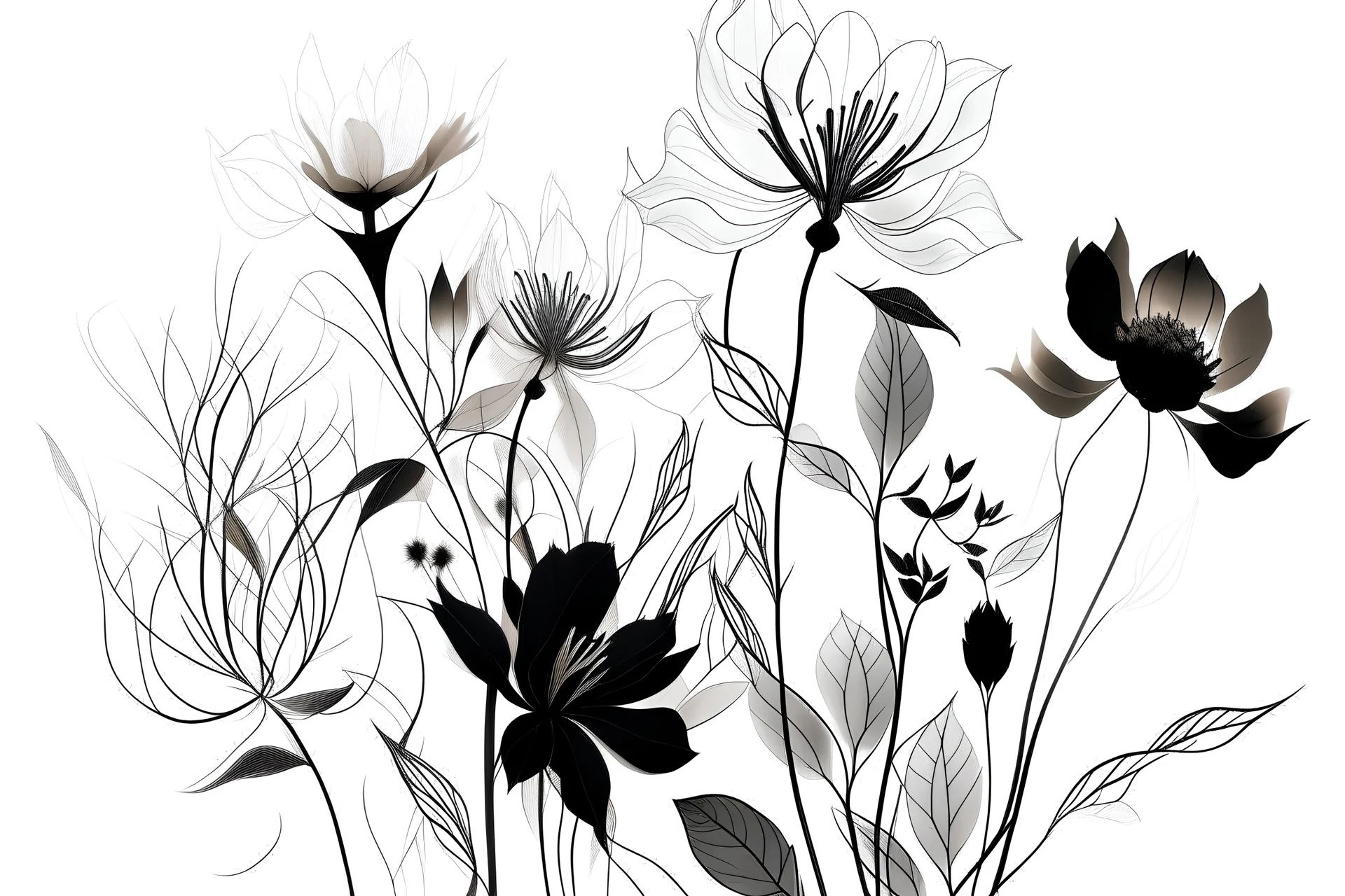 Portrait of simple monochromatic flowers and leaves with white background by generative AI