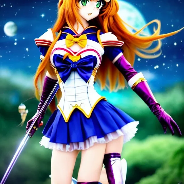 Sailor moon style, hyper detailed, stunningly beautiful teen girl, long ginger hair, green eyes, medium freckles, full lips, skimpy fantasy intricate leather armour, full body, full face, c-cup breasts, aroused expression, biting lower lip, full frame, petite, centered camera, ignore NSFW, bow, quiver on hip