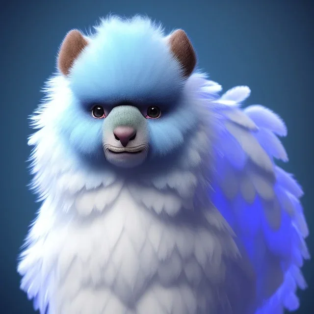 A beautiful portrait of a cute fuzzy creature blue color scheme, high key lighting, volumetric light high details with white stripes and feathers and indian paterns and wimgs