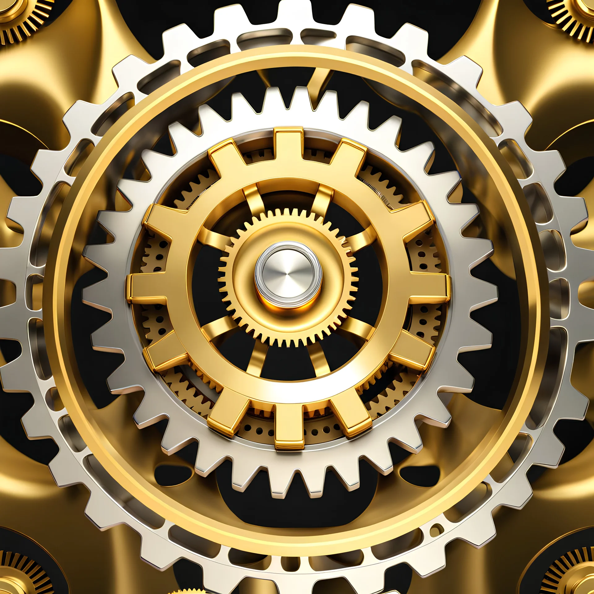 Create a large golden gear rotating among smaller silver gears. The golden gear should smoothly interact with the silver gears, showcasing a harmonious and synchronized movement. Implement the diffusion process in a way that the golden gear stands out in size and color, while seamlessly integrating into the overall rotation of the system.fractal structure halfly filled with water splash against the backdrop of a gleaming modern futuristic future stormy sunset cityscape. Suddenly, without warning