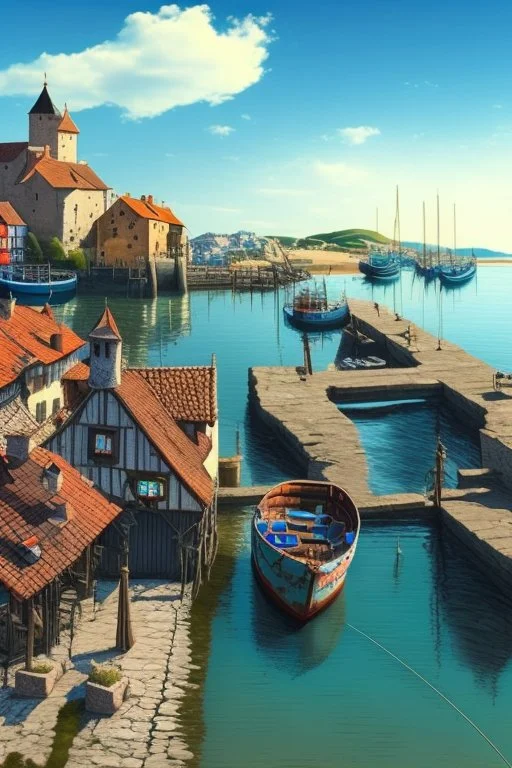 medieval fishing town, rocks, long piers, fishing boats, shops, blue sky