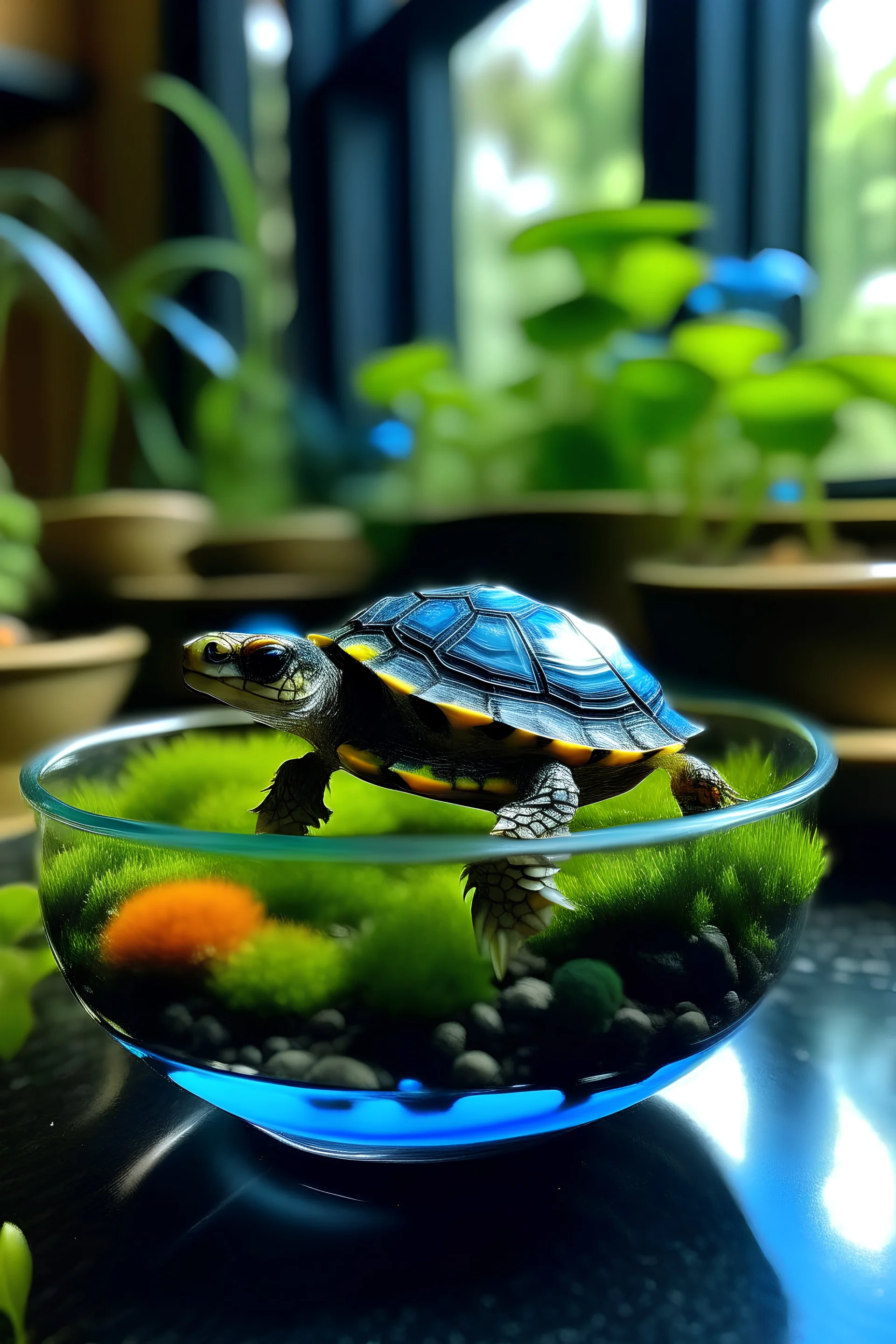 A little turtle in a bowl aquarium