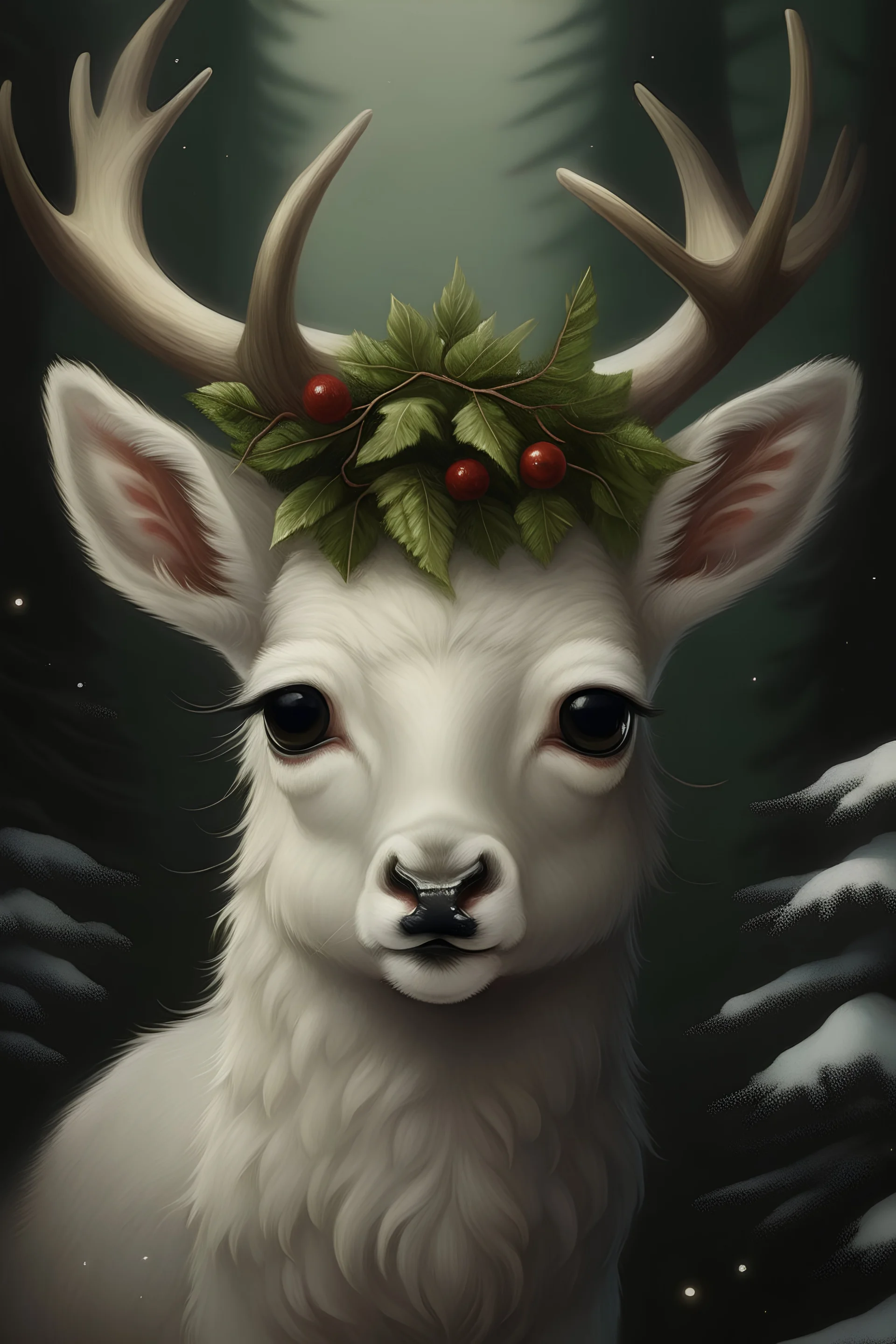 photorealistic; portrait Cute fantasy white Christmas fawn wearing a wreath around neck; big pine trees all around; in the style of Sebastio Salgardo