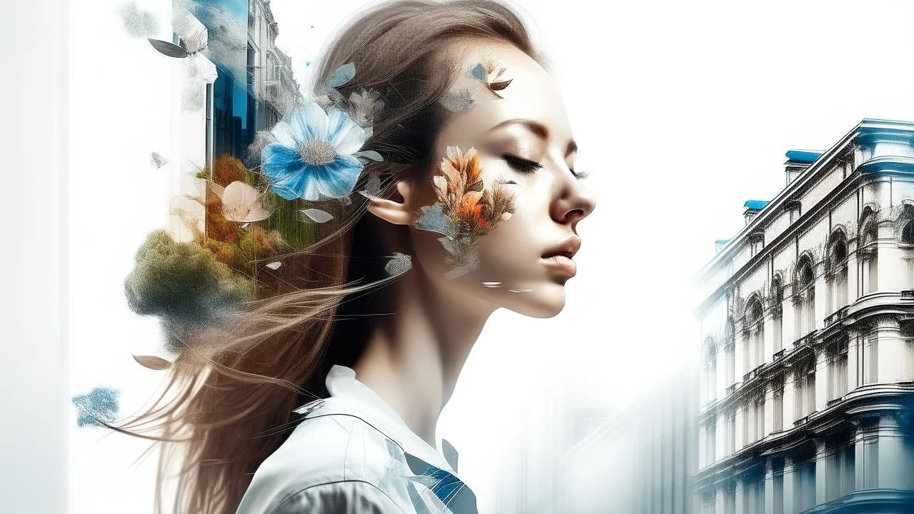 white background, Double exposure, woman, city, window, room, flowers, detailed, fine rendering, high detail, high resolution, 8K, Double exposure, abstract, illustration, gouache, detailed painting