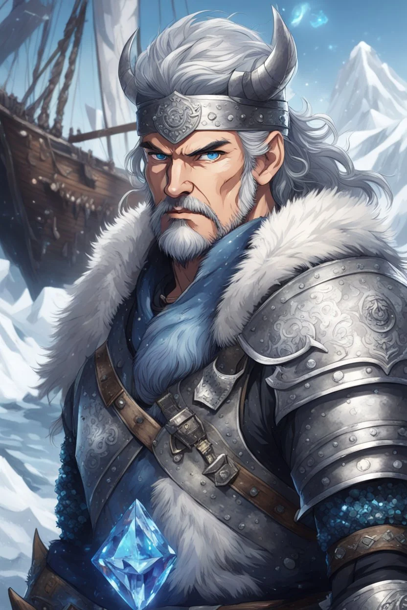 in anime style,1older man, a older man with blue eyes and black hair man in silver Viking armor with fur around the neck with blue crystal on his chest holding an axe in his hands standing on a pirate ship in the artic, warrior in anime style,