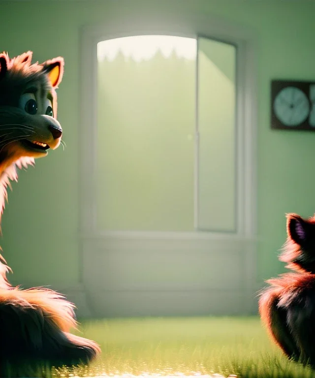 Realistic room scene. sweet big furry monster sitting. girl from behind. Steven Spielberg style. Red hair, smile, happy, gradient color fog. highly detailed, concept art, unreal engine 5, ray tracing, RTX, lumen lighting, ultra detail, volumetric lighting, 3d, finely drawn, high definition, high resolution.