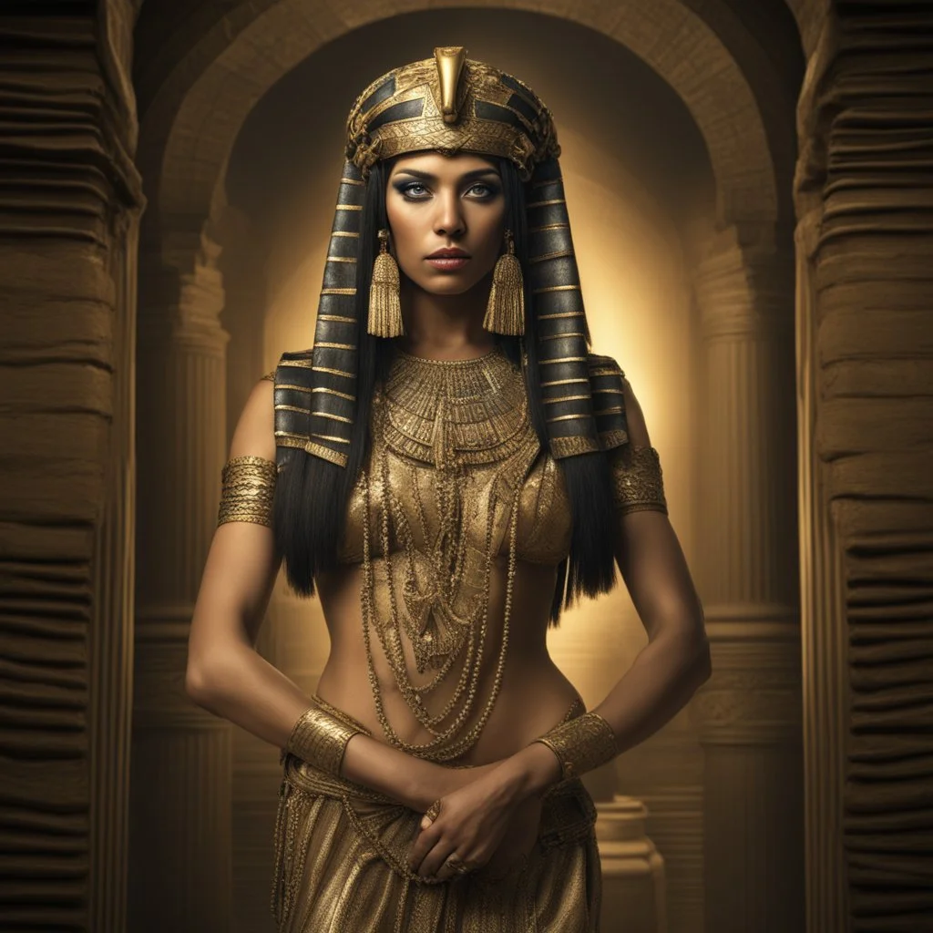 Behold the powerful alluring and pretty egiptian cleopatra, her body adorned with the traditional egiptian costumes, HDR, beautifully shot, hyperrealistic, sharp focus, 64 megapixels, perfect composition, high contrast, cinematic, atmospheric, moody