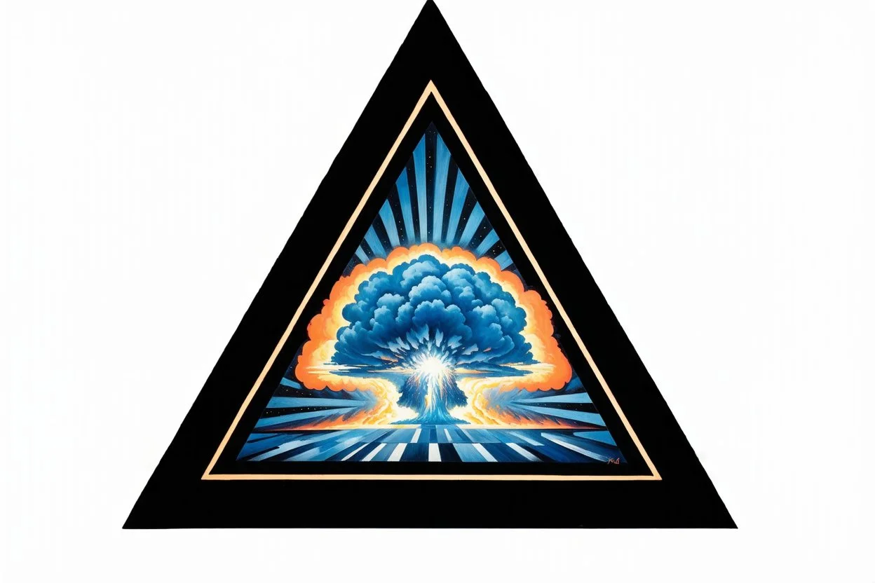 a nuclear explosion cloud, behind an orange glowing omega like shape, all inside an equilateral triangle, radiant lines, oil painting
