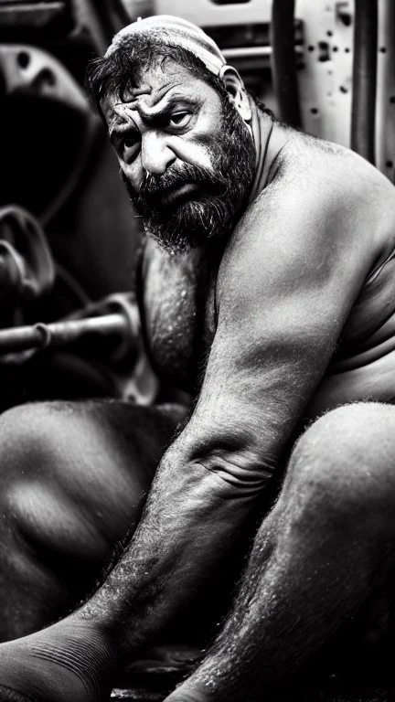 full figure shot photography of a dirty ugly burly stocky angry sweat iranian worker of a mining truck, 48 year old man, hands behind the head relaxing , manly chest, goatee, long hair with ponytail , sitting on an old sofa, boxer, bullneck, big feets, big tights, manly tights, sharp focus, street photo, angry eyes, intricate details, highly detailed, photorealistic, frontal view from the bottom, ambient occlusion