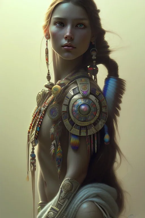 girl, cute, beautiful, Native American, head and shoulders portrait, 8k resolution concept art portrait by Greg Rutkowski, Artgerm, WLOP, Alphonse Mucha dynamic lighting hyperdetailed intricately detailed Splash art trending on Artstation triadic colors Unreal Engine 5 volumetric lighting, long hair, brown eyes, black hair