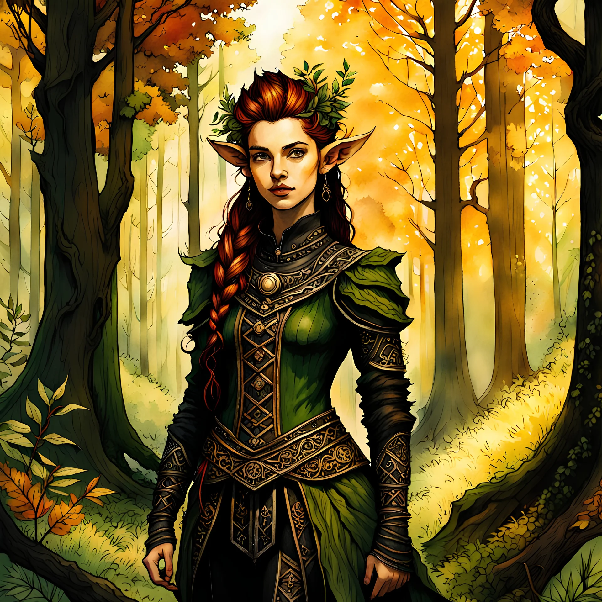 create an oil and watercolor full body portrait of a young, nomadic goth punk forest elf enchantress fantasy art character, with highly detailed, sharply lined facial features, in the deep forest of Brokilon , finely inked, soft autumnal colors, 4k in the style of Maxfield Parrish