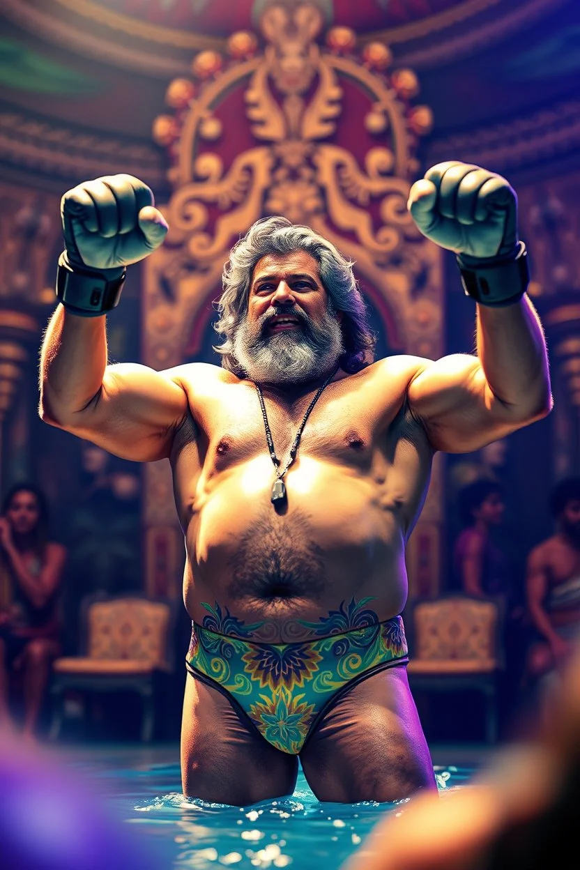 airbrush with pen outline, hulk Saddam Hussain,swimsuit hippie in his palace raised hands with boxing gloves having fun in a festival in the 60s, goa psy ambient in the style of vangelis and fsol, source vibrations, bokeh like f/0.8, tilt-shift lens 8k, high detail, smooth render, down-light, unreal engine, prize winning