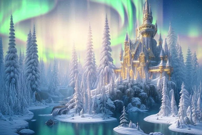  white and gold crystal castle，waterfall, winter snow flakessnow, northern Lights, full of details, smooth, bright sunshine，soft light atmosphere, light effect，vaporwave colorful, concept art, smooth, extremely sharp detail, finely tuned detail, ultra high definition, 8 k, unreal engine 5, ultra sharp focus