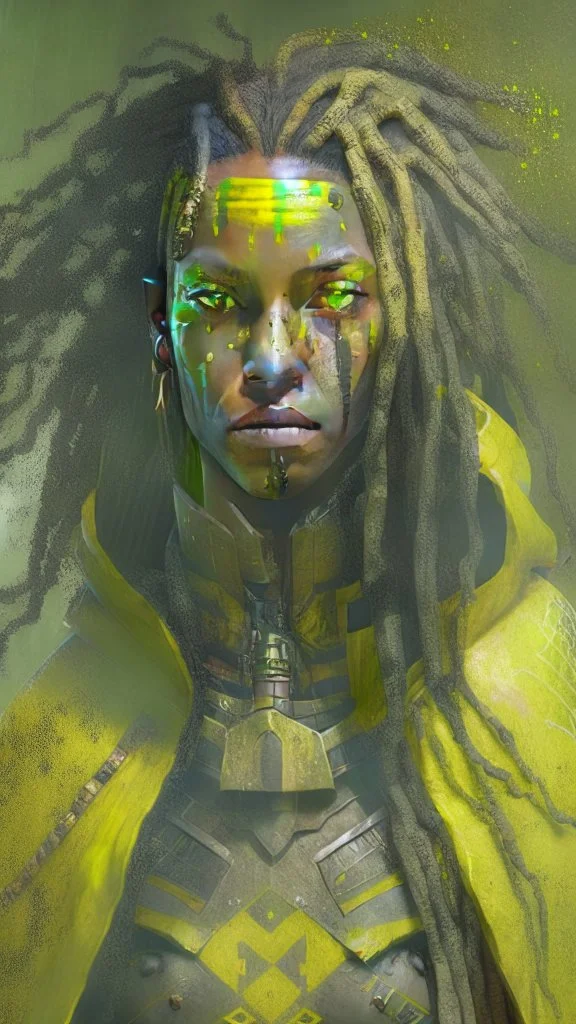 A woman has tanned skin, yellow eyes and black dreads. Her face show her superiority in the eyes of others. She is dressed in an armor with a few pieces of yellow and green cloak sticking out.