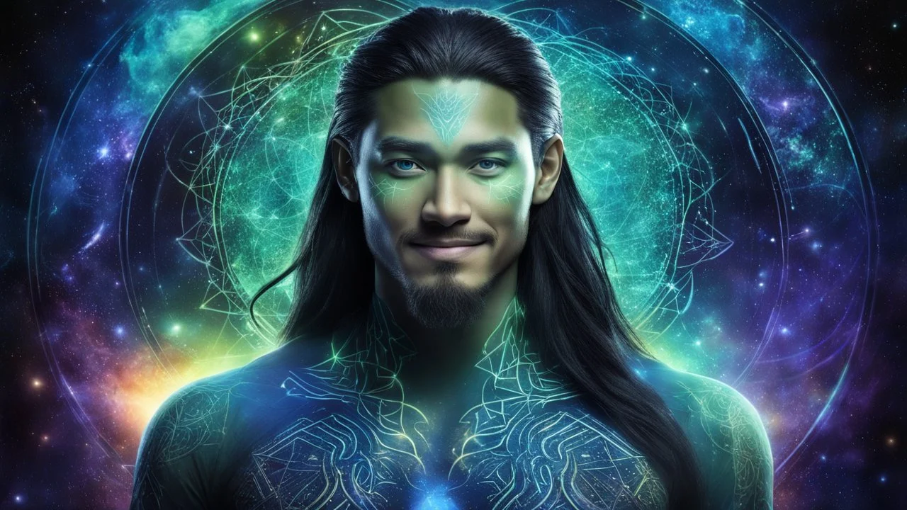 beautiful gorgeous young man na'vi with long hair, Avatar, blue skin, two small ears, green eyes, black hair, in cosmic suit, galactic ambiance, medium pointy goatee , smiling, nebulas and sacred geometry light figures on the backgroud,