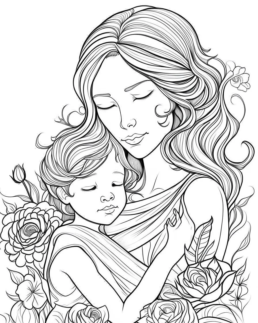 real mother coloring pages, no black color, no no flower, b/w outline art for kids coloring book page, Kids coloring pages, full white, kids style, white background, whole body, Sketch style, full body (((((white background))))), only use the outline., cartoon style, line art, coloring book, clean line art, white background, Sketch style